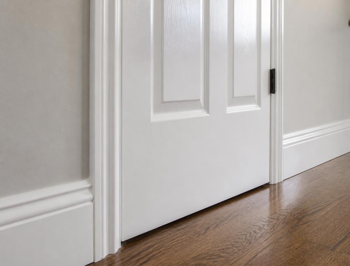 Freshly painted white interior door, casing, and baseboard