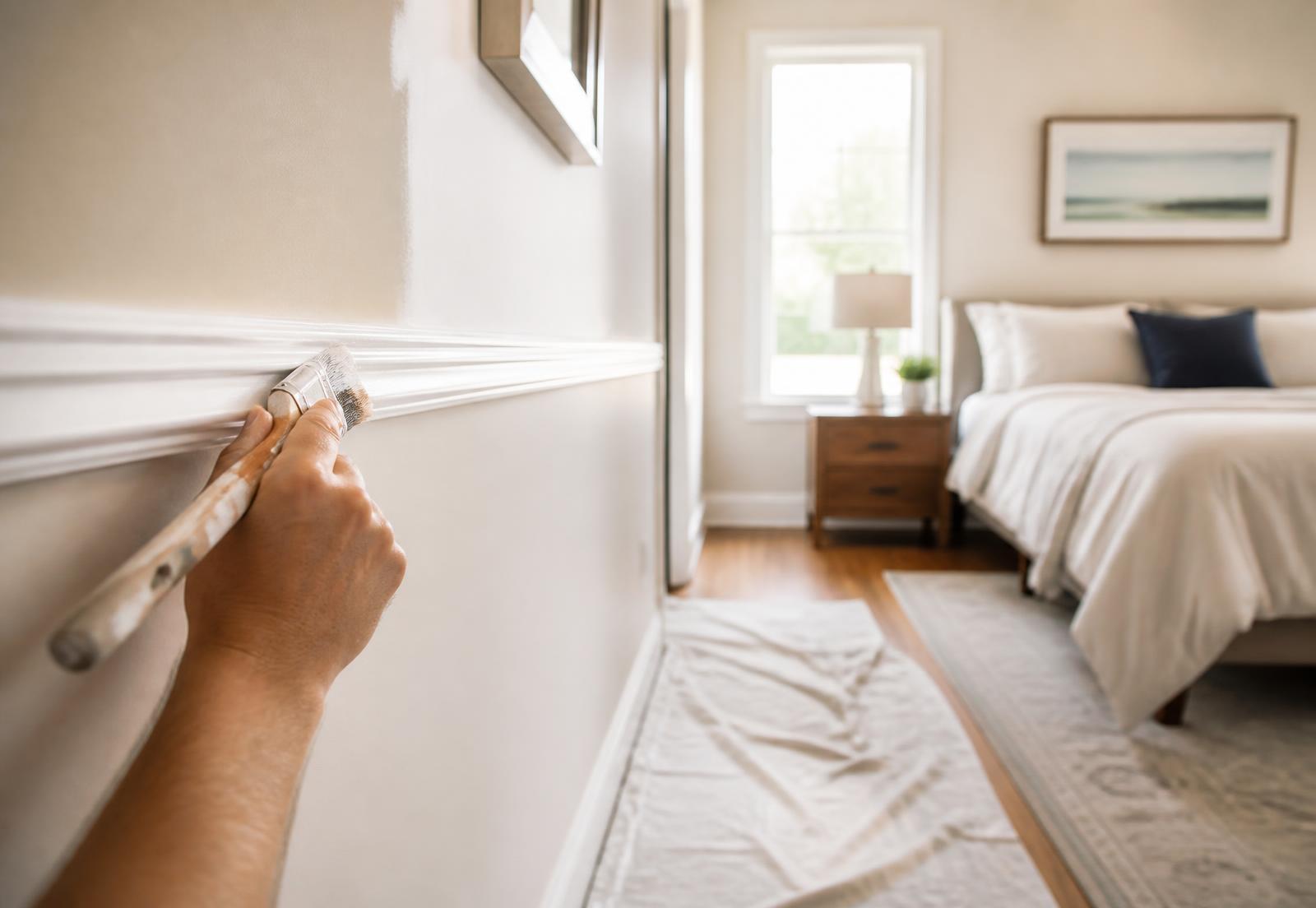Painter cutting a clean line along interior trim in a bedroom